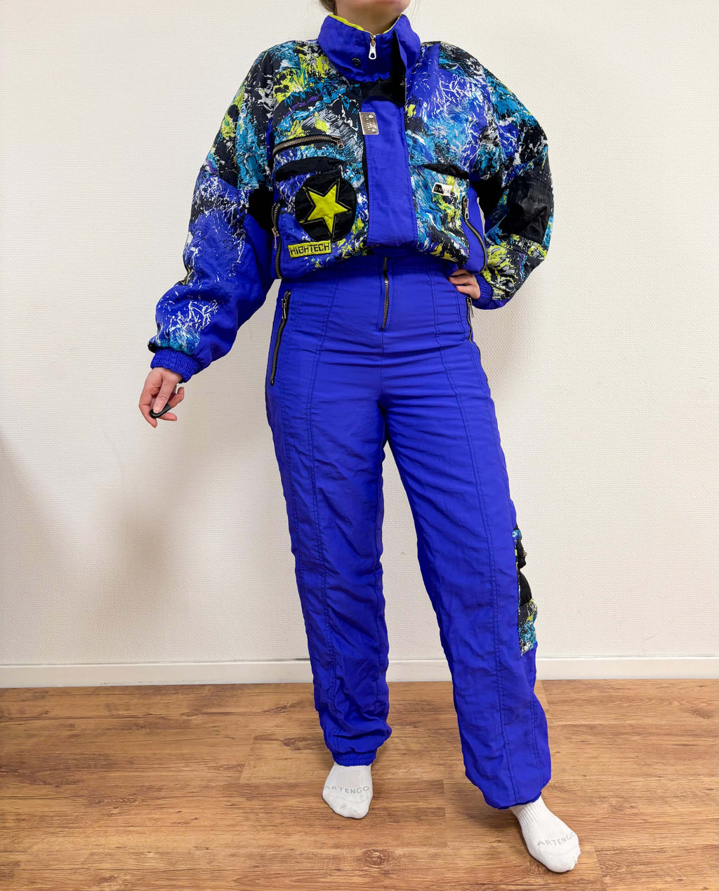 Vintage retro skipak - blauw / paars met print maat M