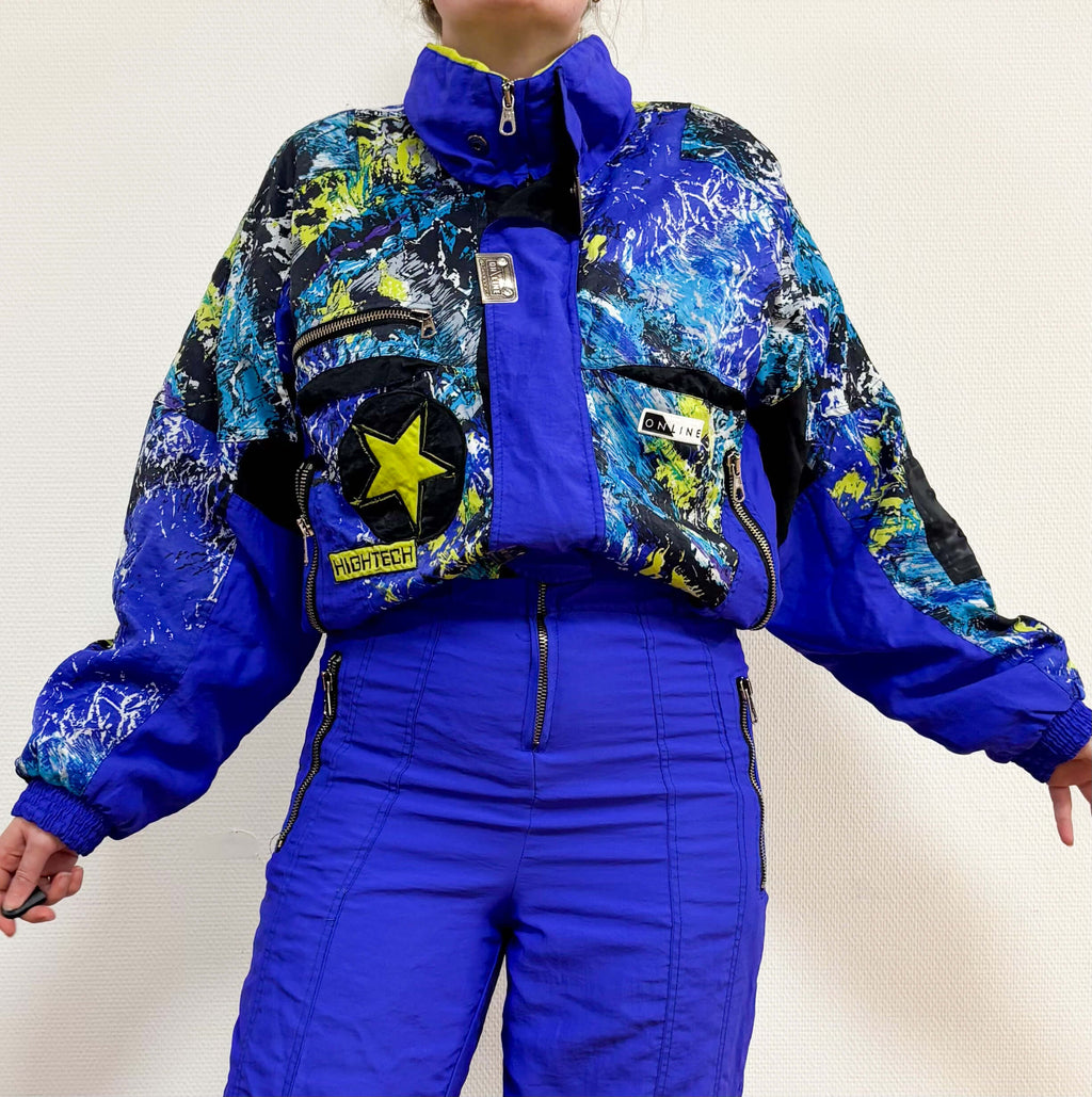 Vintage retro skipak - blauw / paars met print maat M