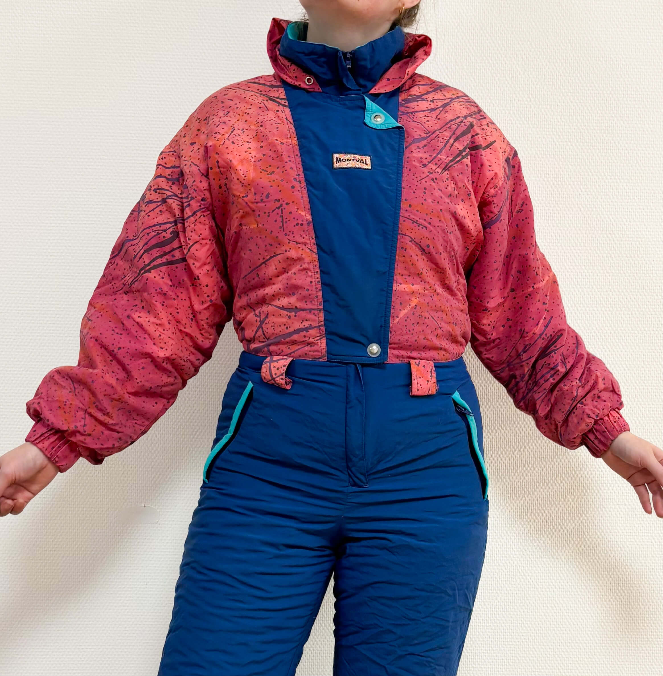 Vintage retro skipak - blauw met roze / rood print maat M