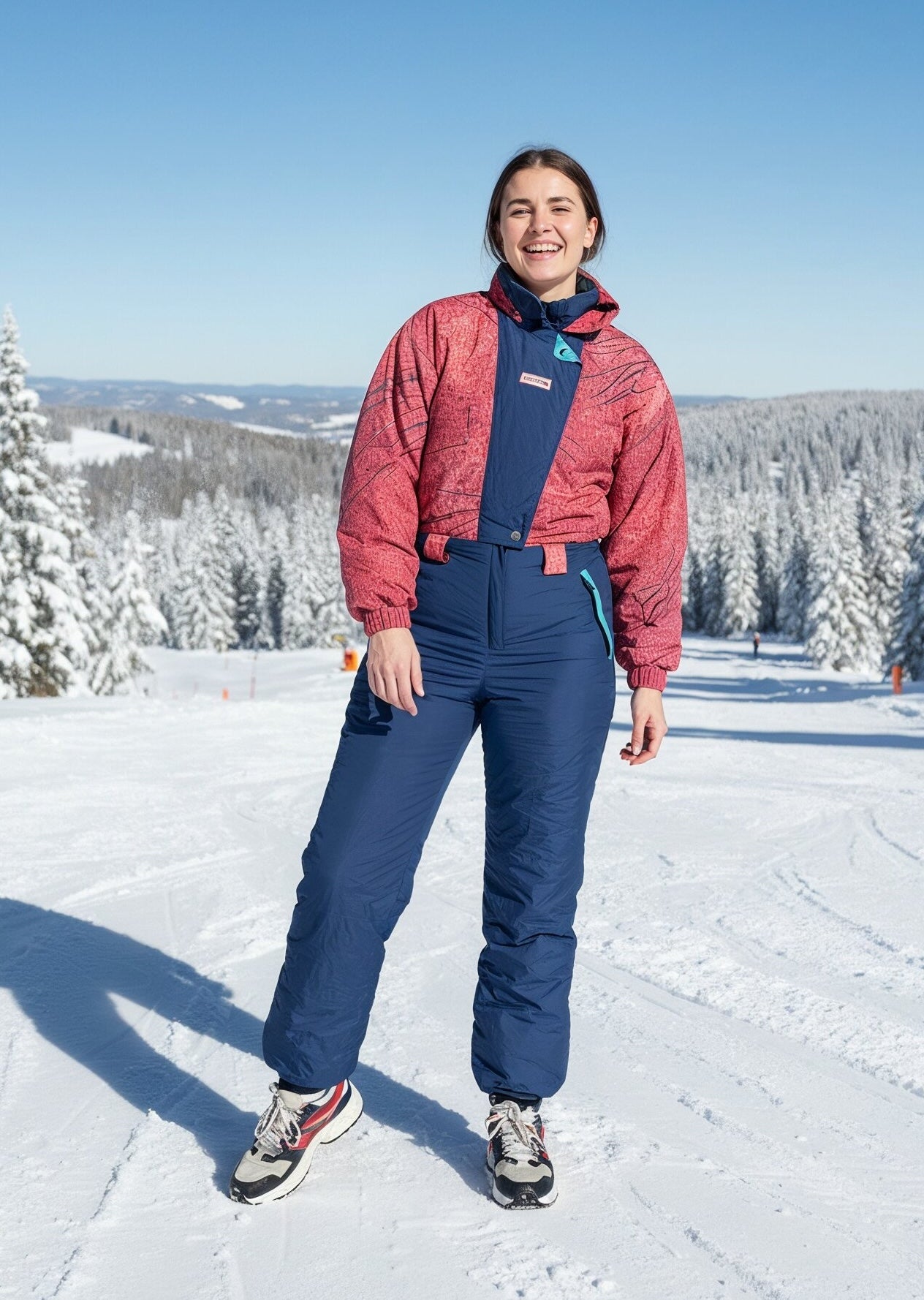 Vintage retro skipak - blauw met roze / rood print maat M