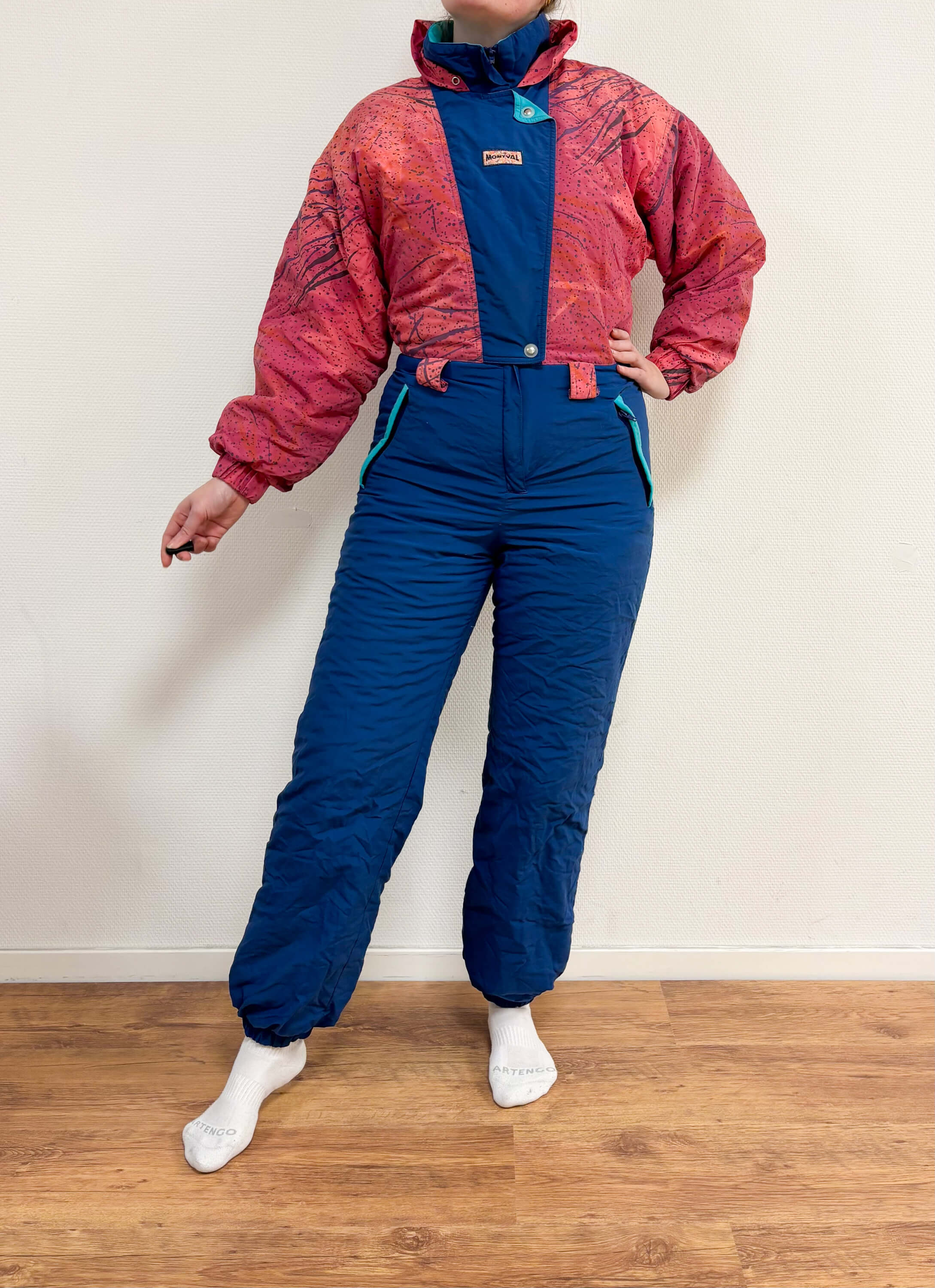 Vintage retro skipak - blauw met roze / rood print maat M