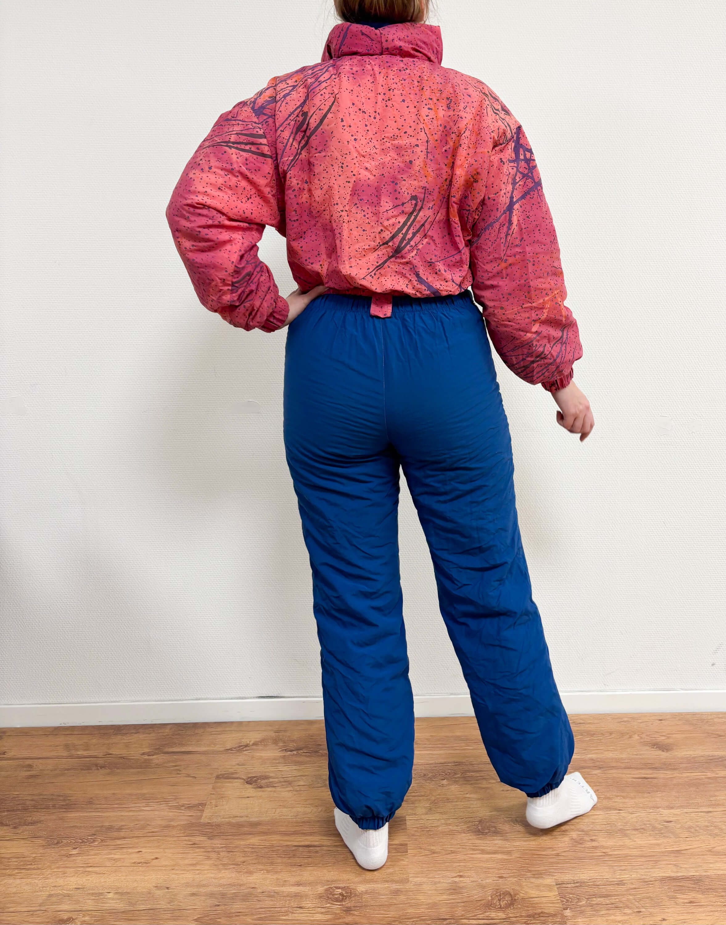 Vintage retro skipak - blauw met roze / rood print maat M