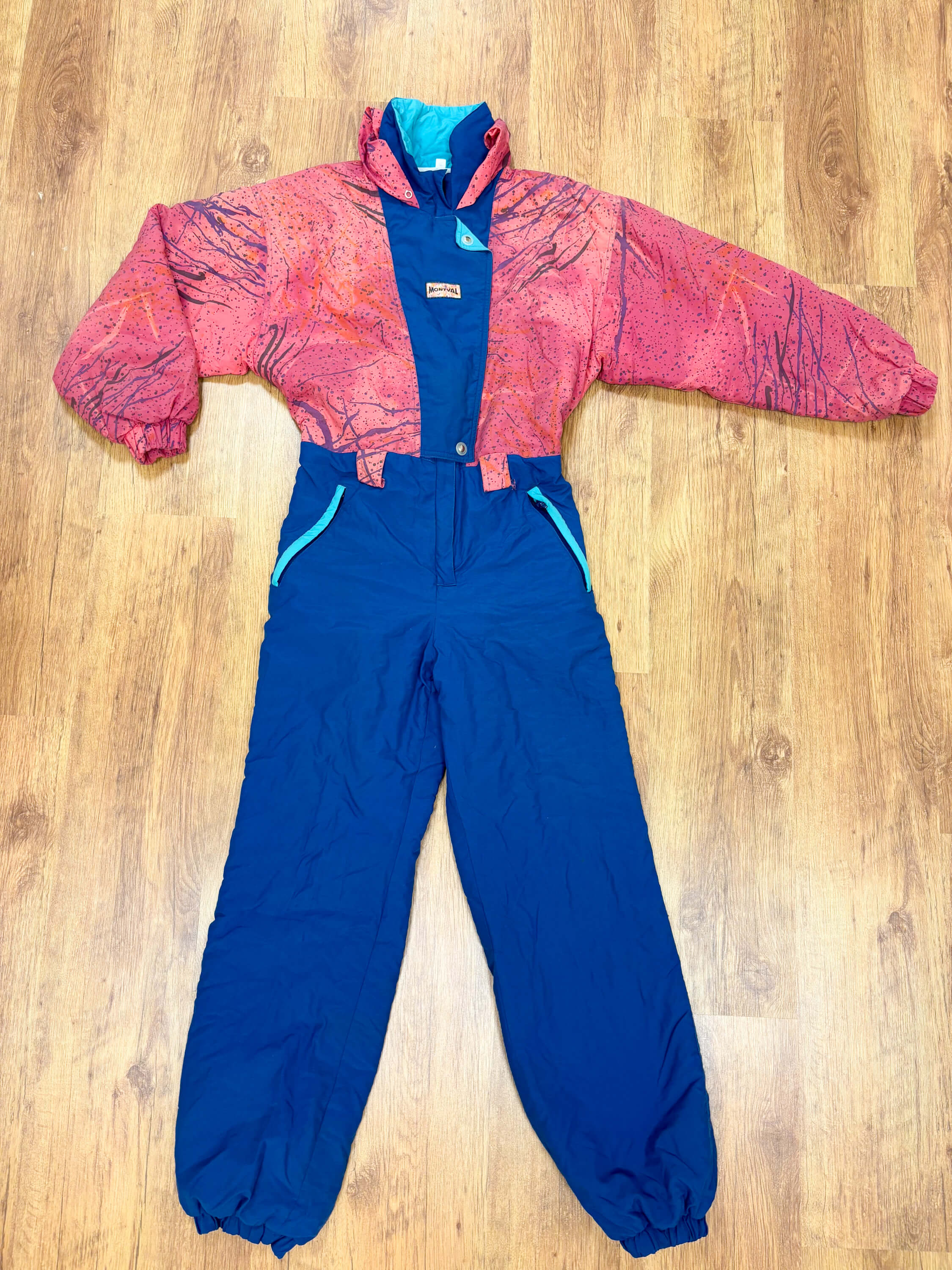 Vintage retro skipak - blauw met roze / rood print maat M