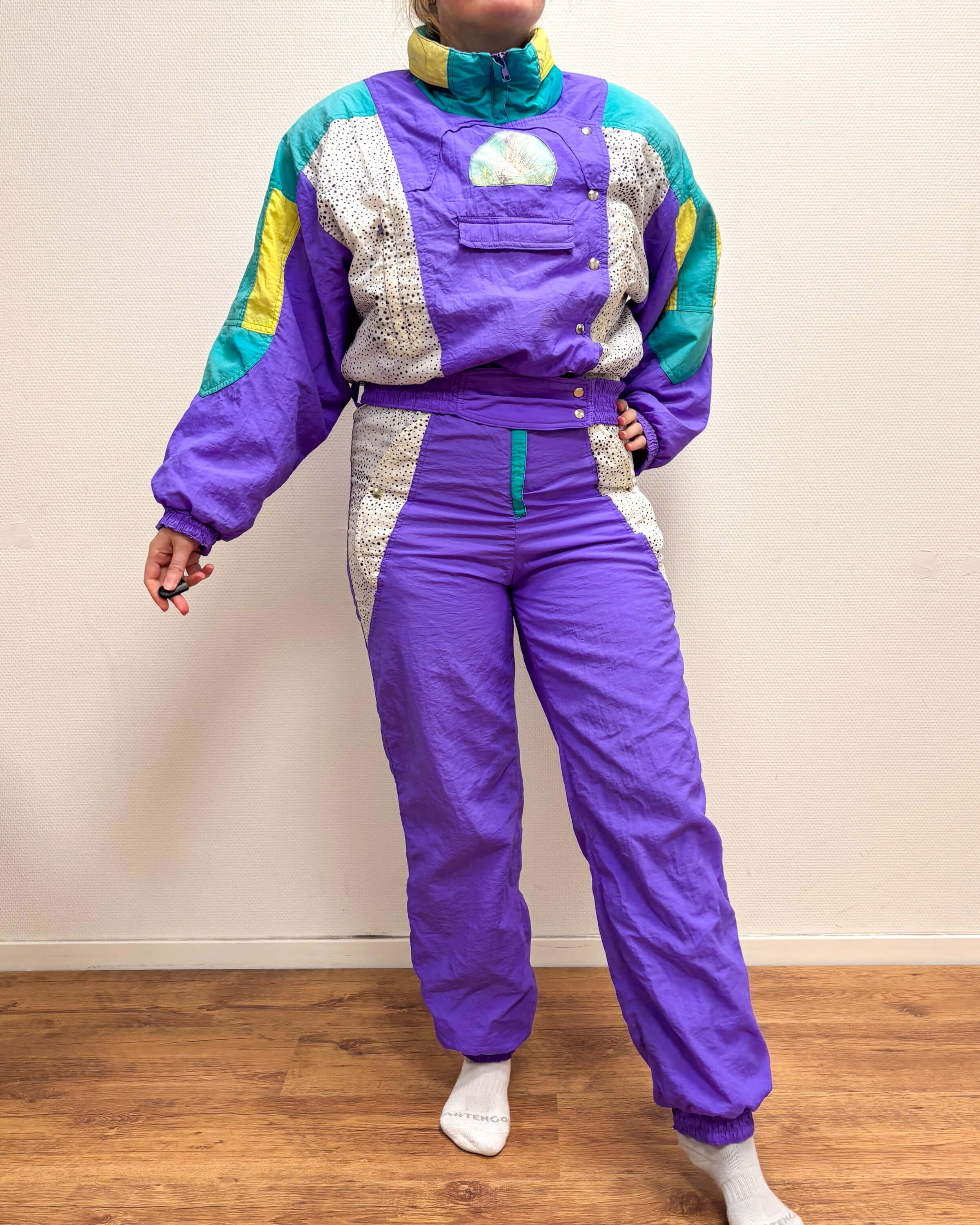 Vintage retro skipak - paars, wit, groen, polkadots maat M