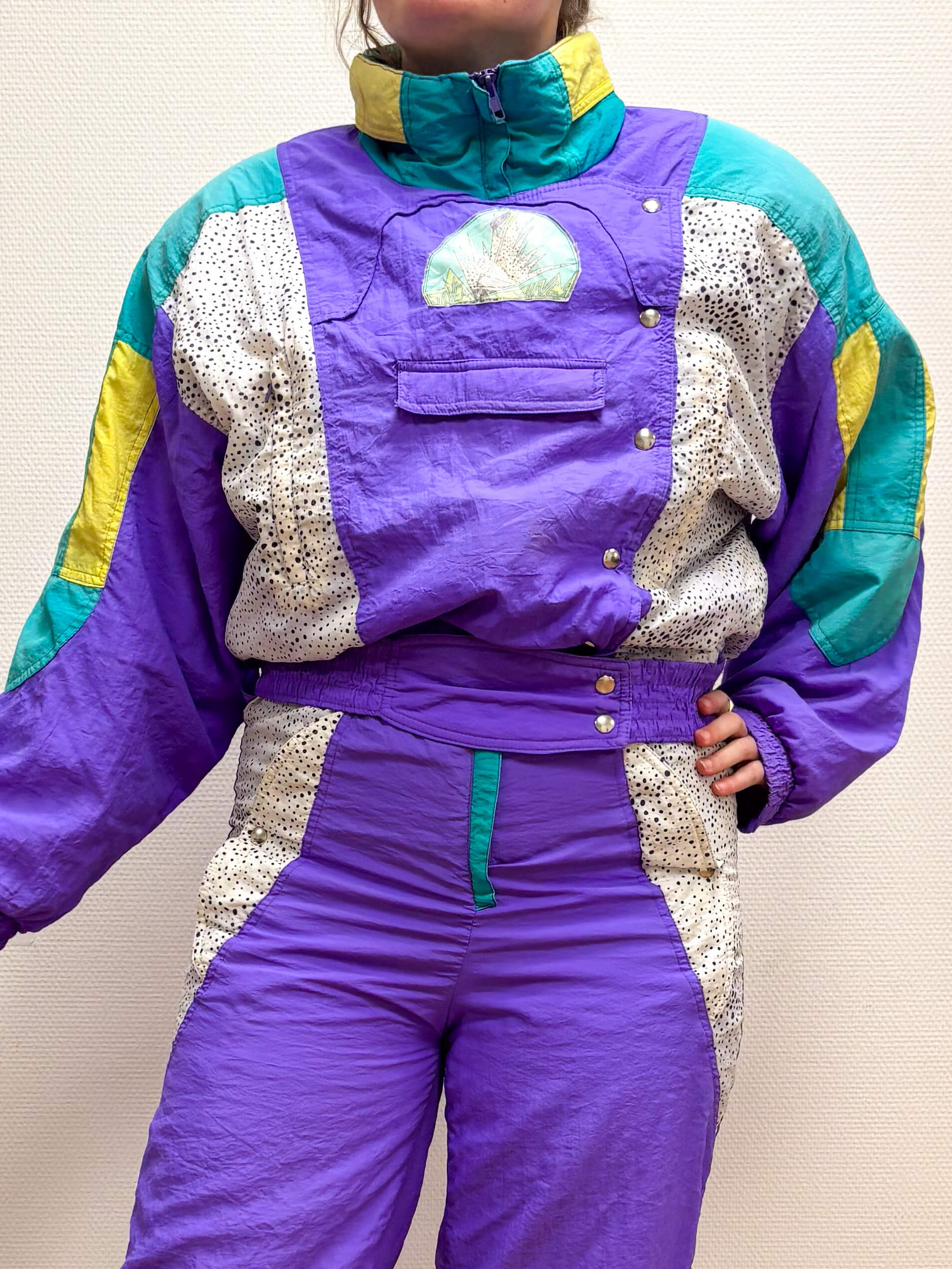 Vintage retro skipak - paars, wit, groen, polkadots maat M