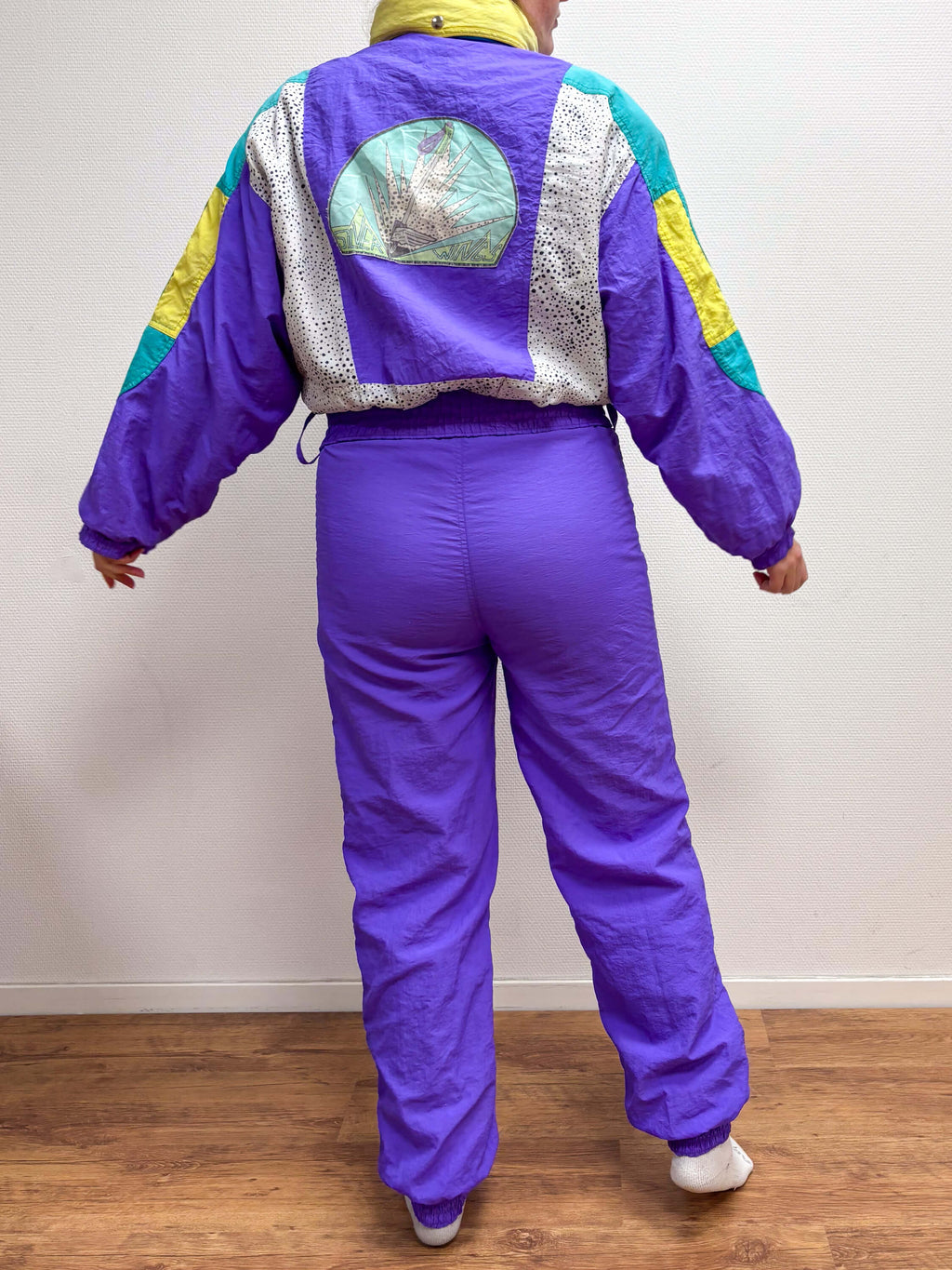 Vintage retro skipak - paars, wit, groen, polkadots maat M