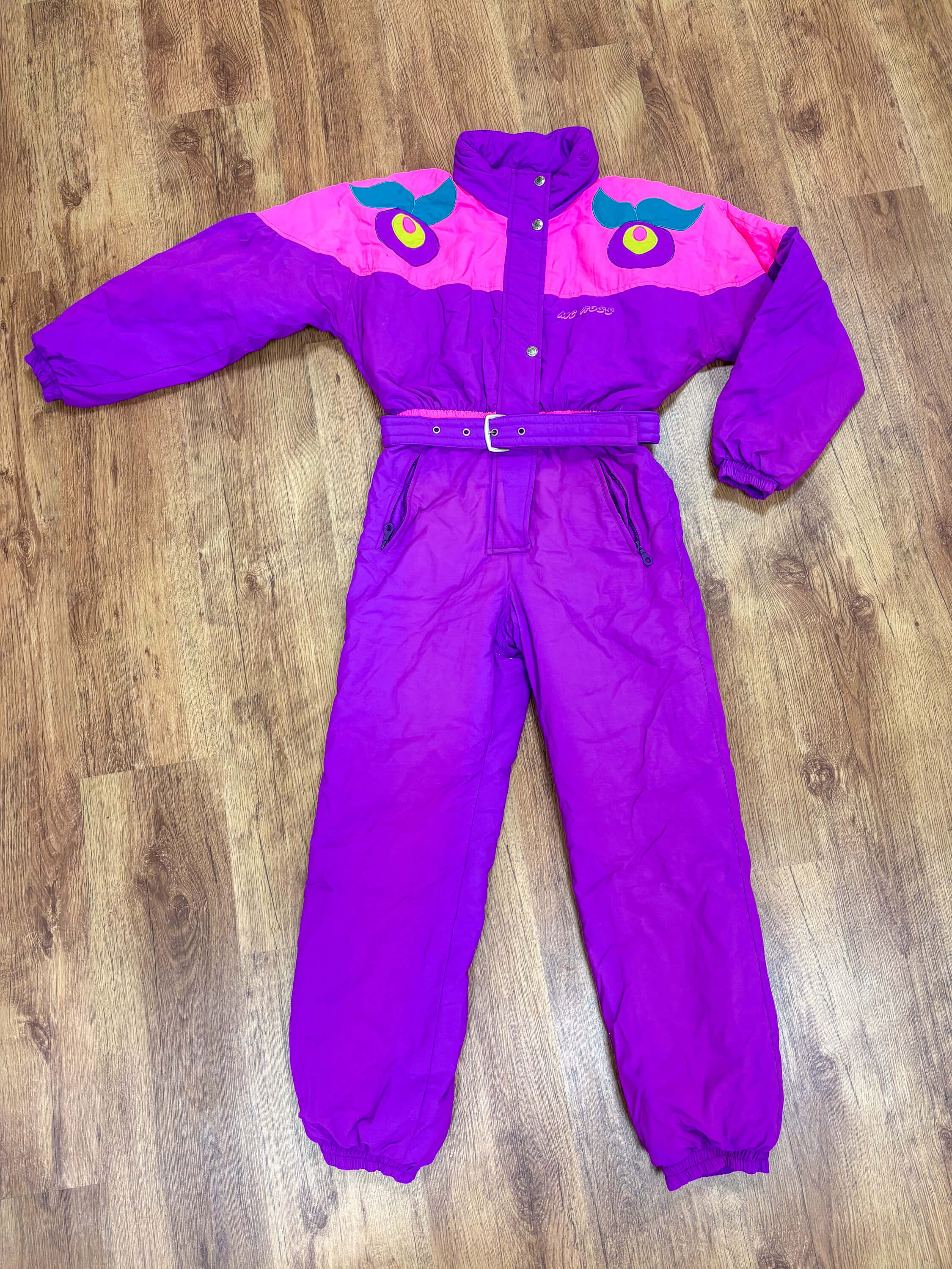 Vintage retro skipak - Paars met roze, fruit applique maat S