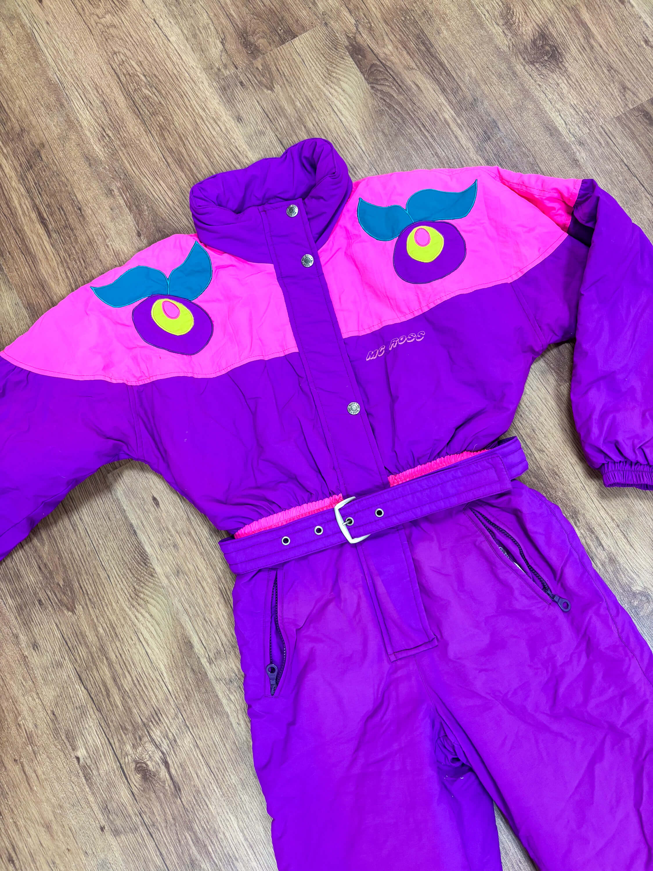 Vintage retro skipak - Paars met roze, fruit applique maat S