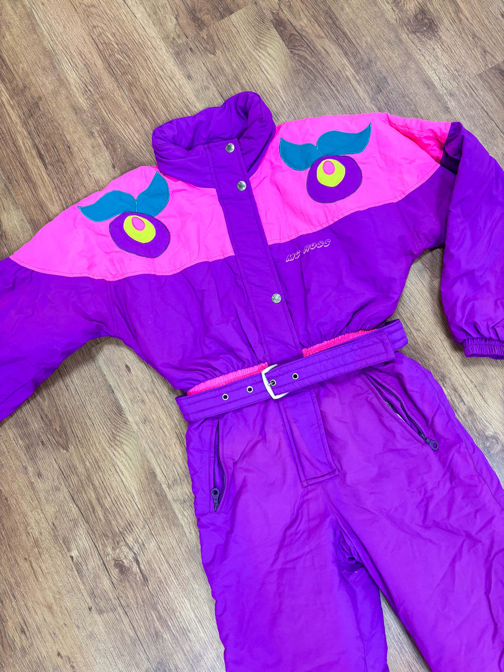 Vintage retro skipak - Paars met roze, fruit applique maat S