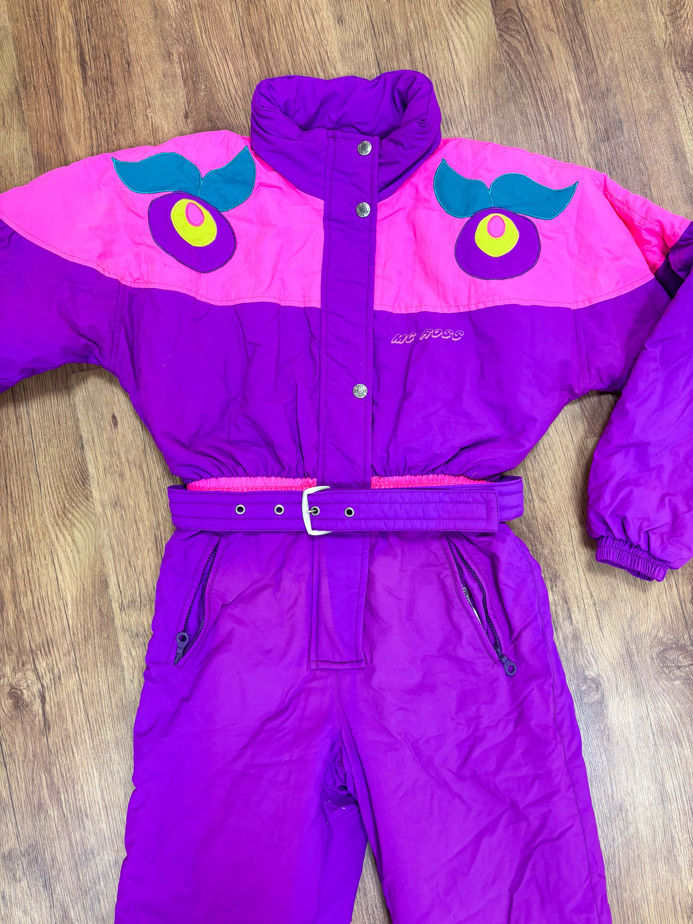 Vintage retro skipak - Paars met roze, fruit applique maat S