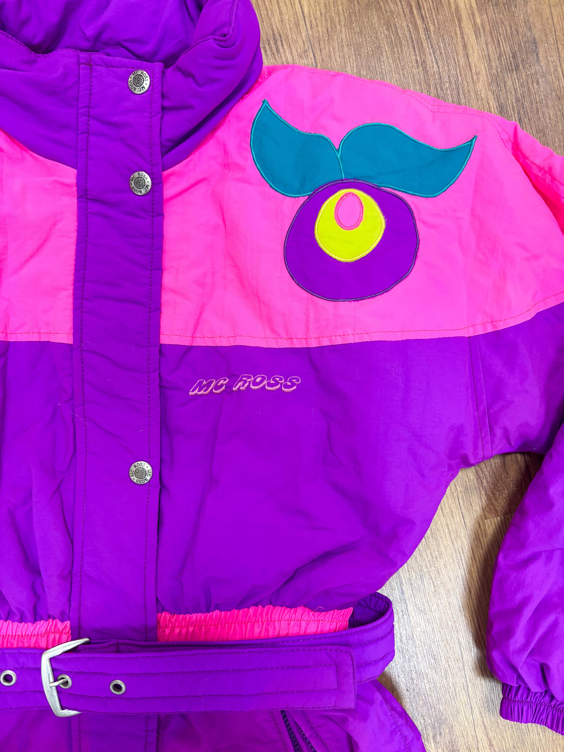 Vintage retro skipak - Paars met roze, fruit applique maat S