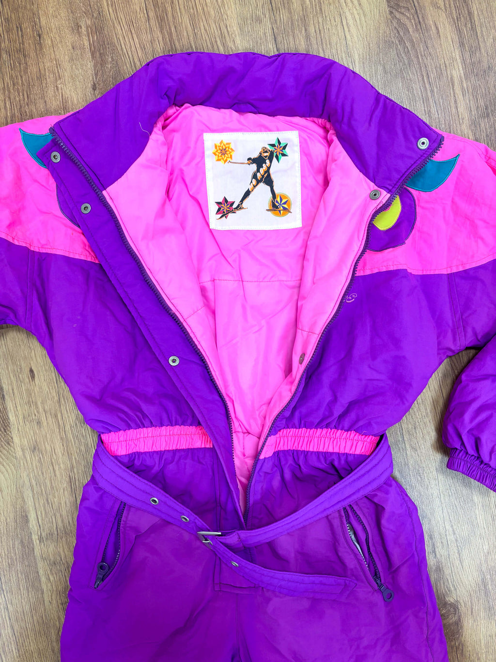 Vintage retro skipak - Paars met roze, fruit applique maat S