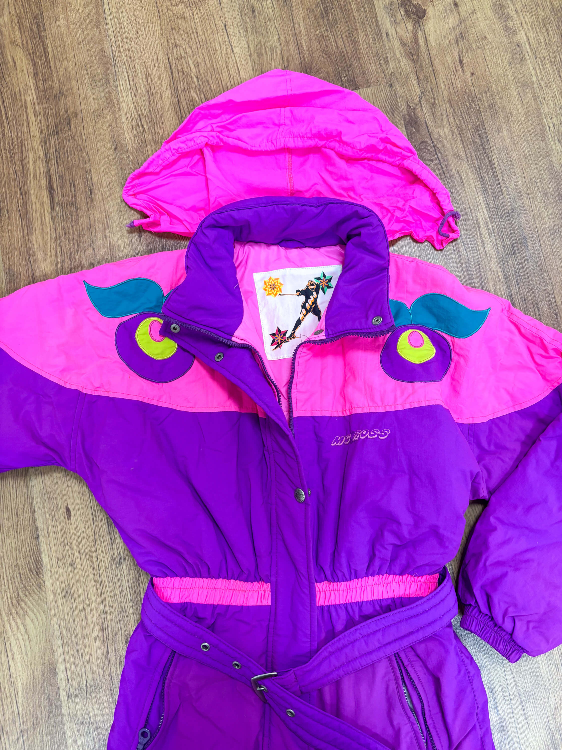 Vintage retro skipak - Paars met roze, fruit applique maat S