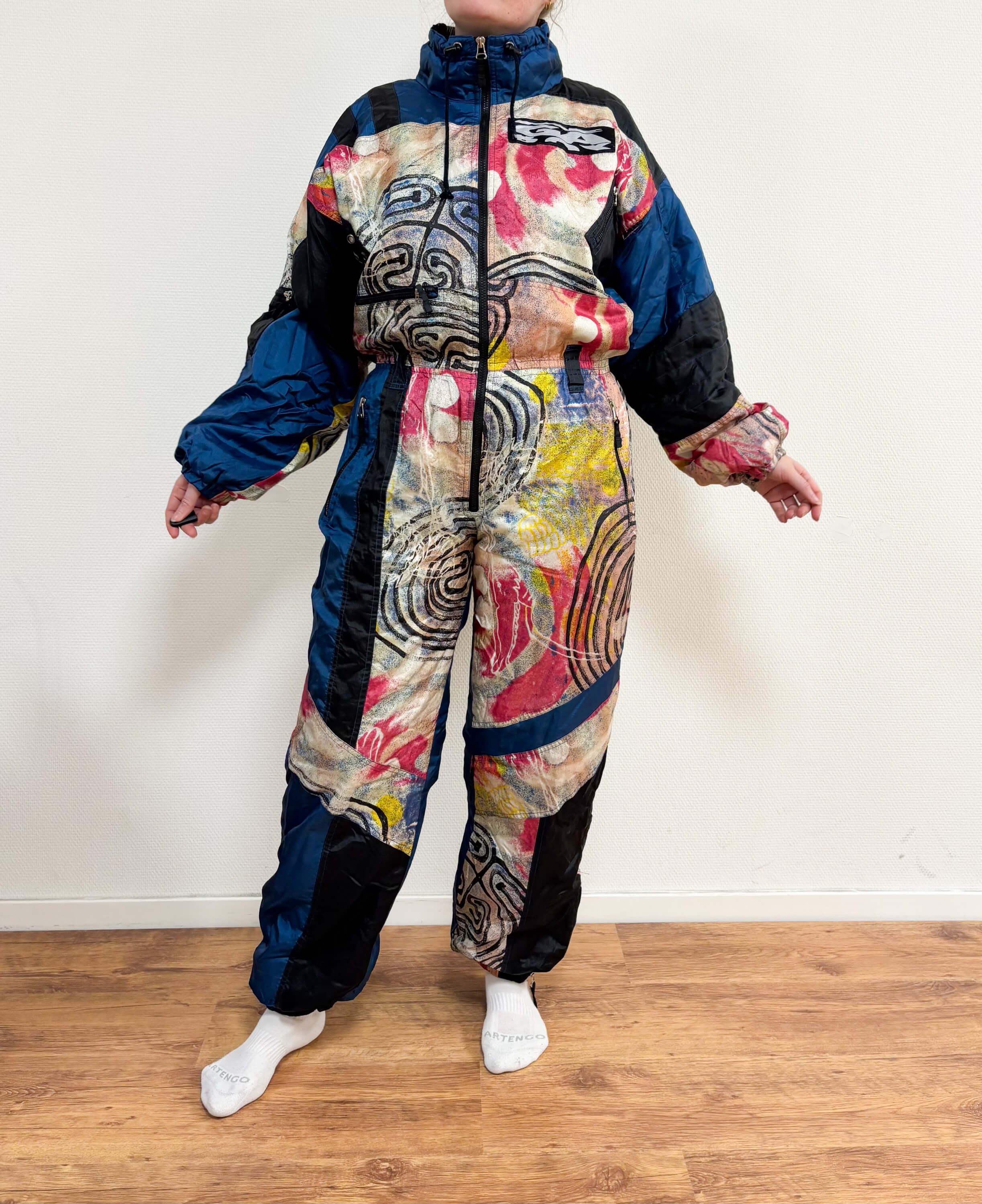 Vintage retro skipak - blauw met multicolor print maat L