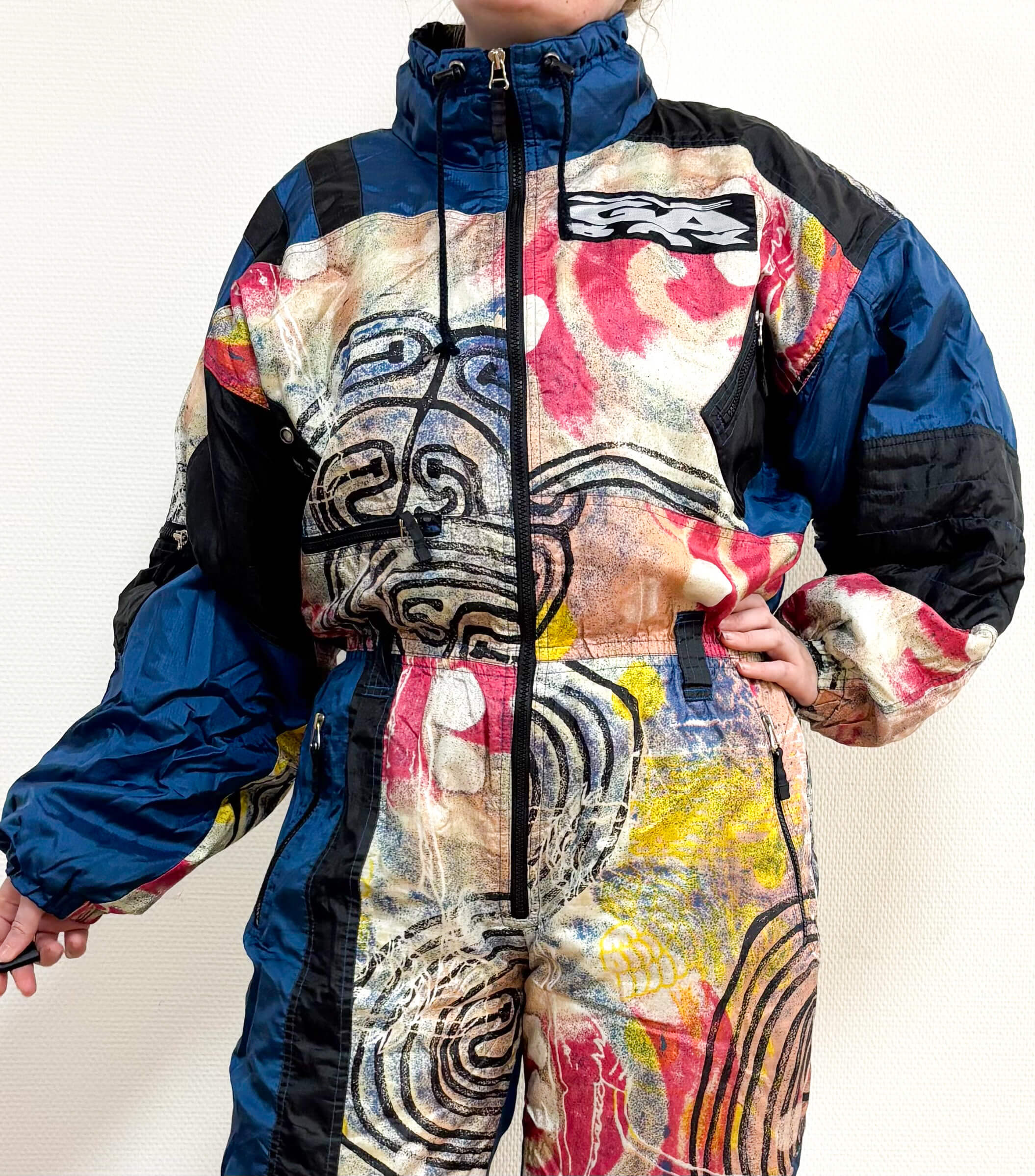 Vintage retro skipak - blauw met multicolor print maat L