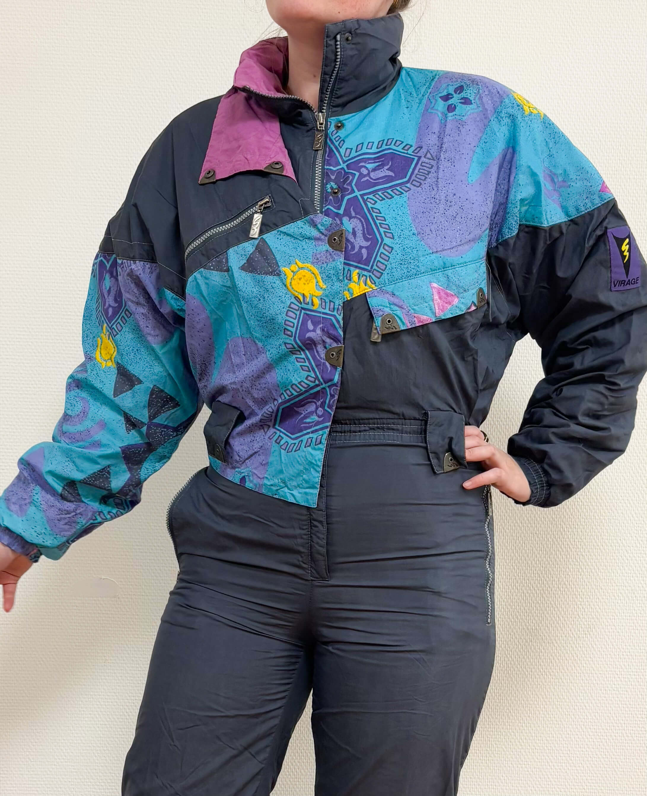 Vintage retro skipak - Donkergrijs met turquoise / blauw print, roze, geel maat S