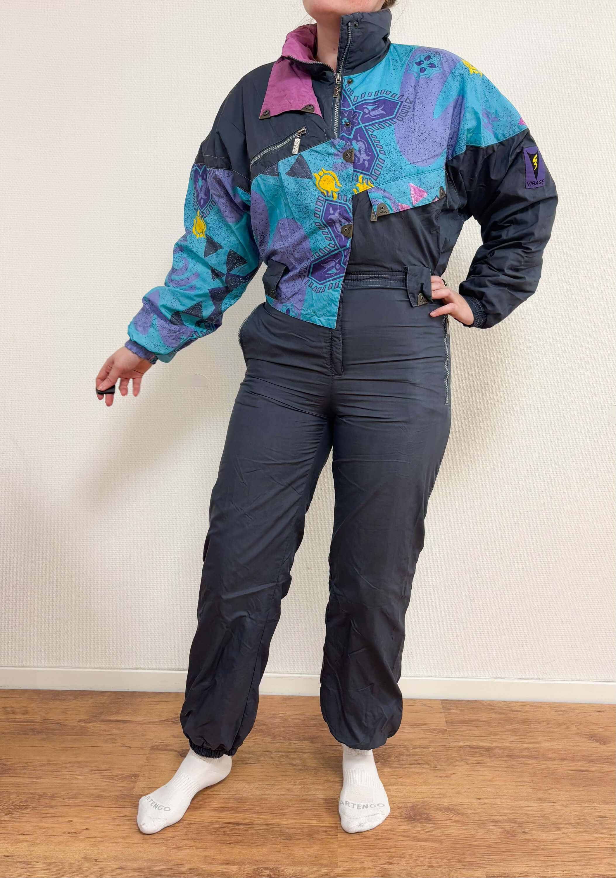 Vintage retro skipak - Donkergrijs met turquoise / blauw print, roze, geel maat S