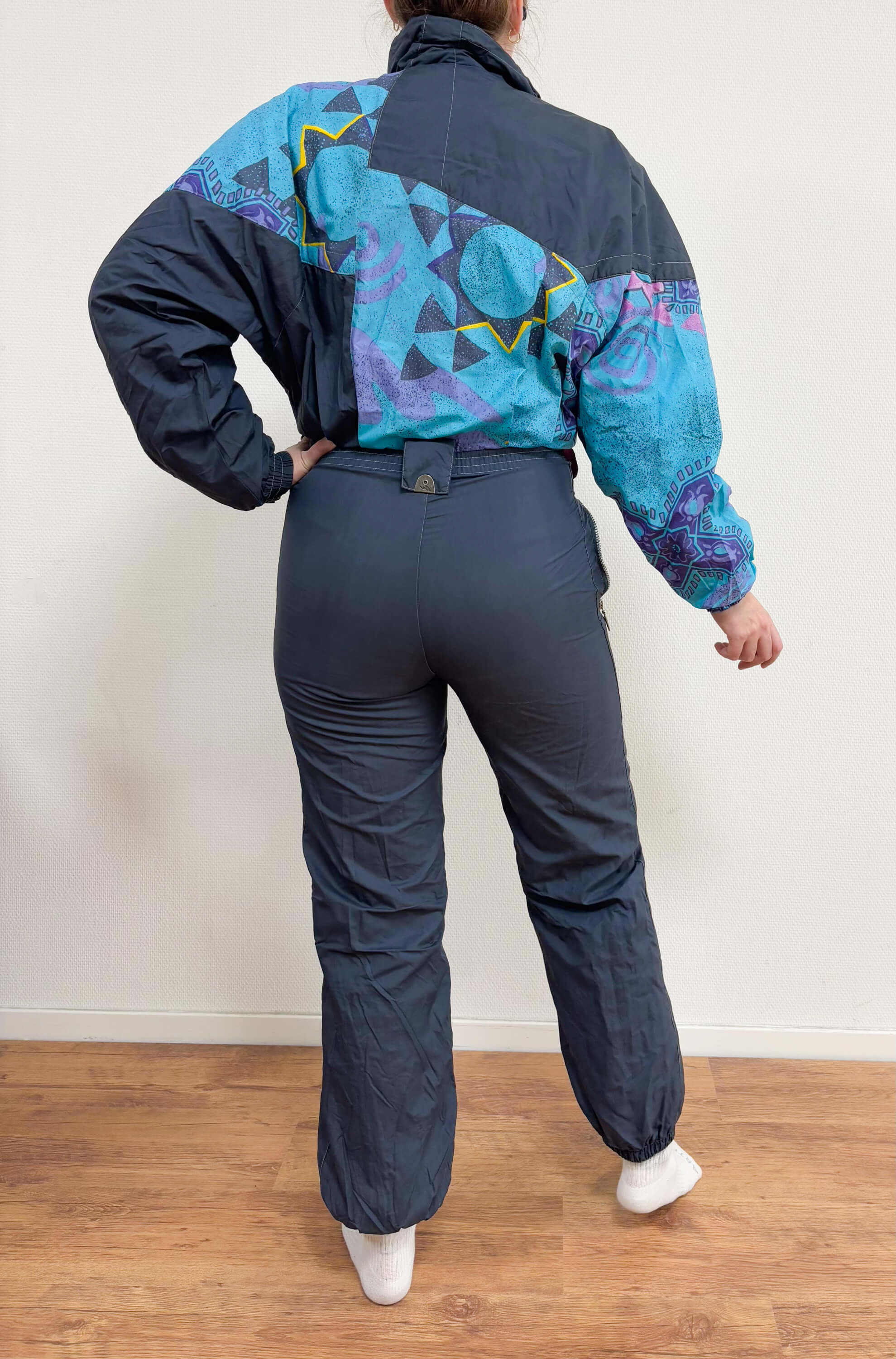 Vintage retro skipak - Donkergrijs met turquoise / blauw print, roze, geel maat S