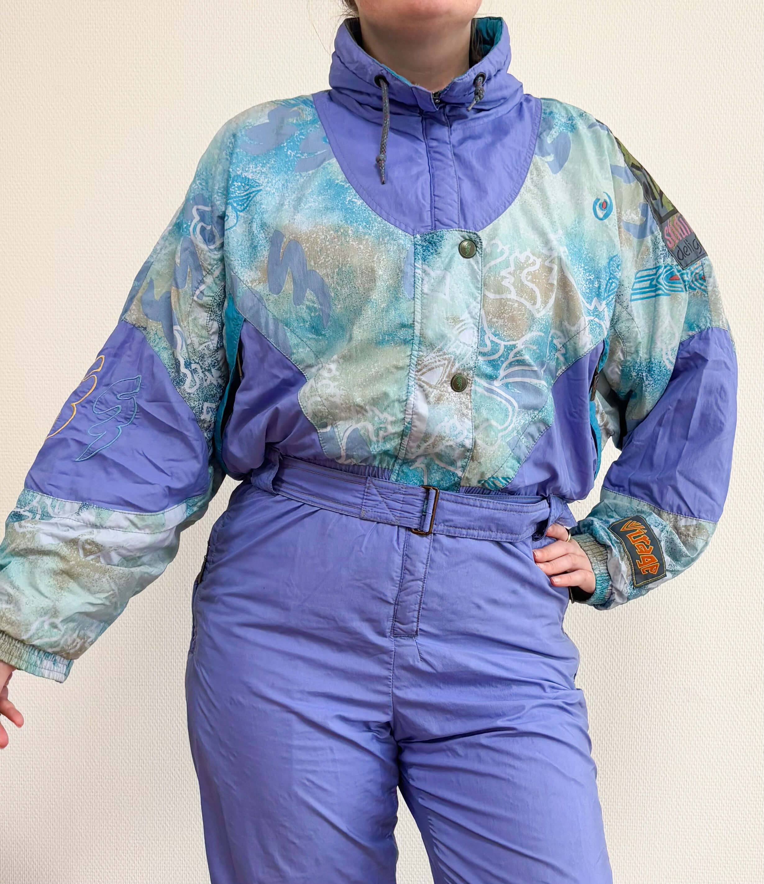 Vintage retro skipak - Virage lila, turquoise met print maat L