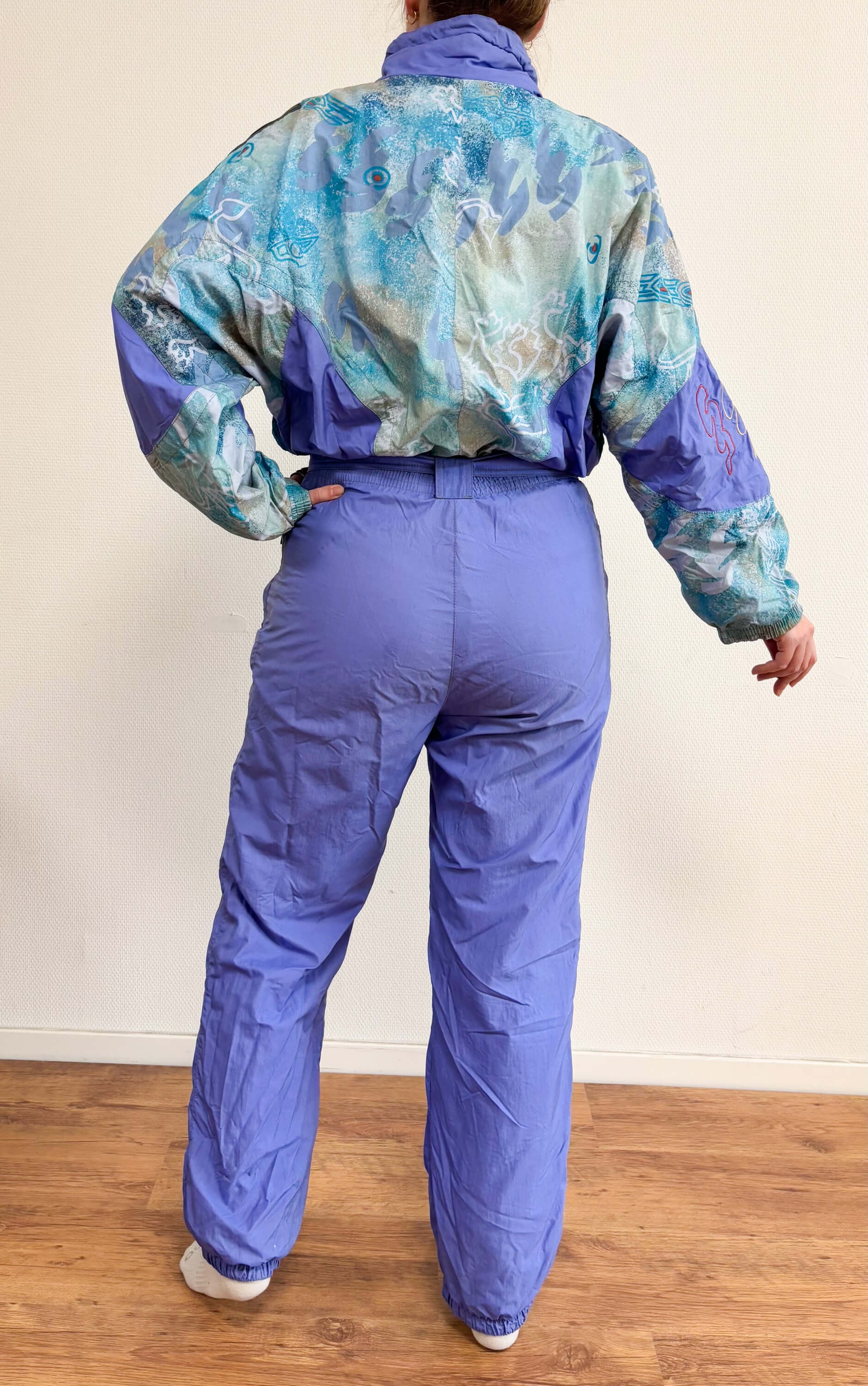 Vintage retro skipak - Virage lila, turquoise met print maat L