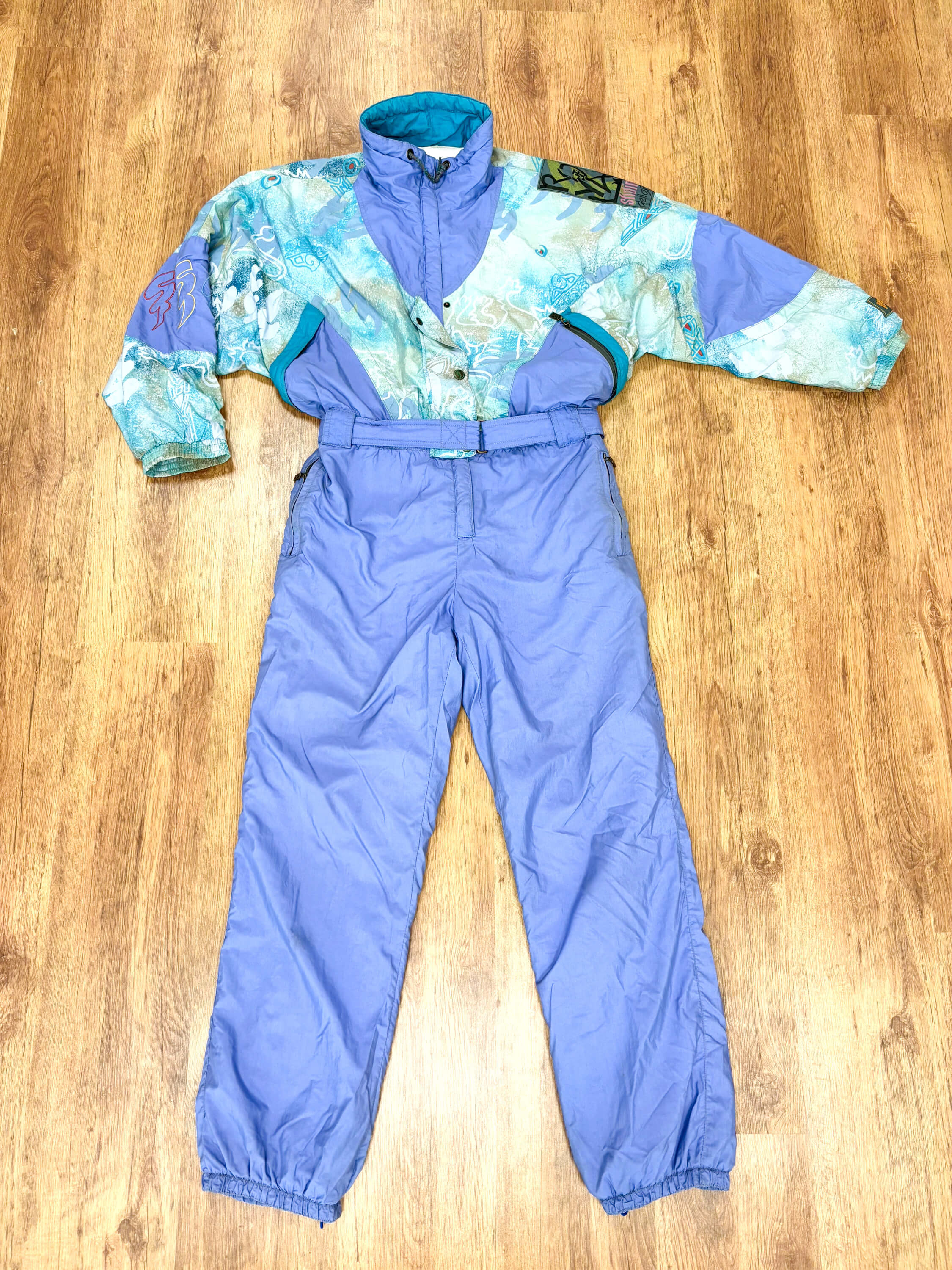 Vintage retro skipak - Virage lila, turquoise met print maat L